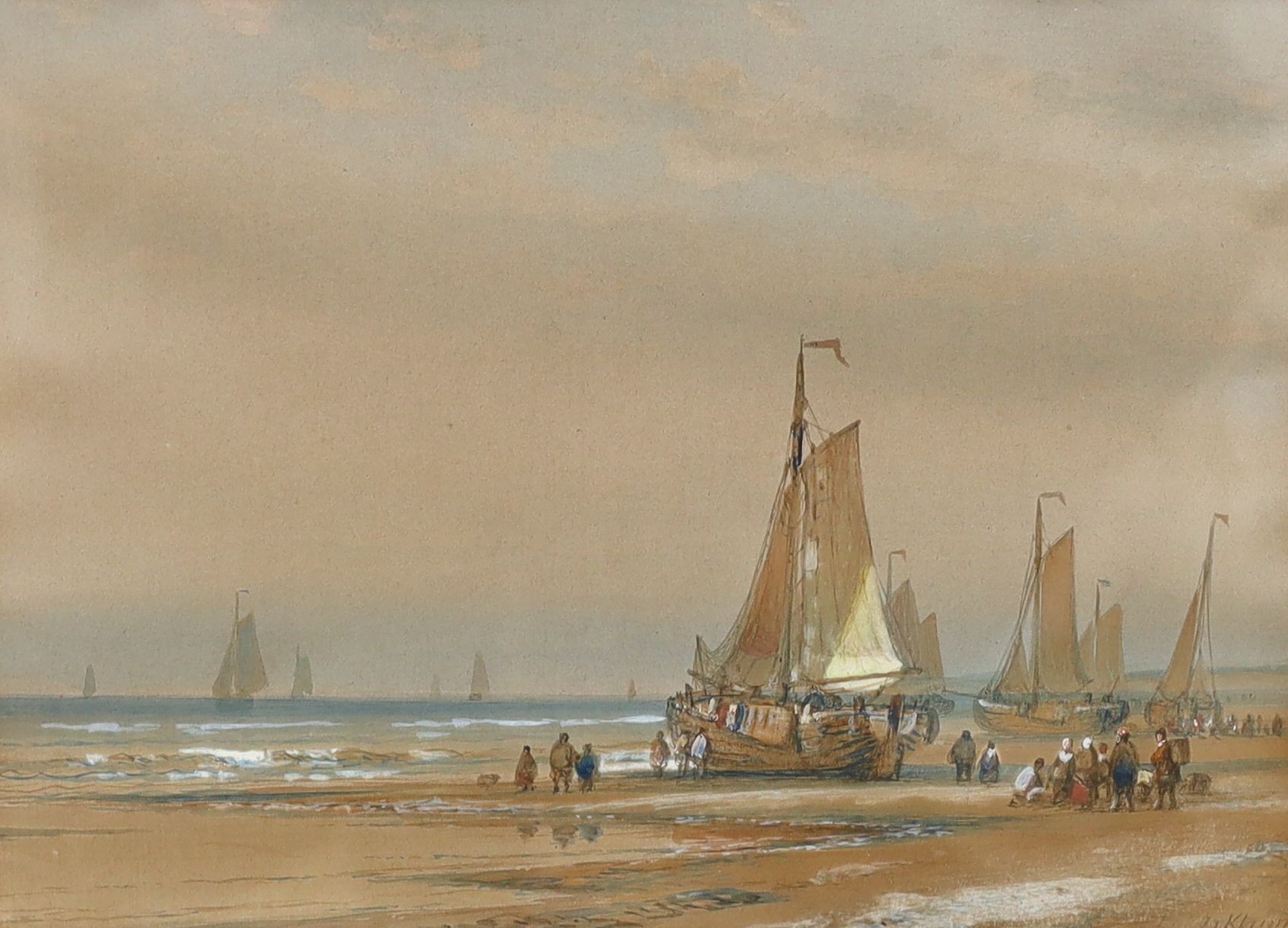 Lodewijk Johannes Kleijn (1817-1897), watercolour, Dutch fisherfolk on the shore at low tide, signed, 19 x 26cm